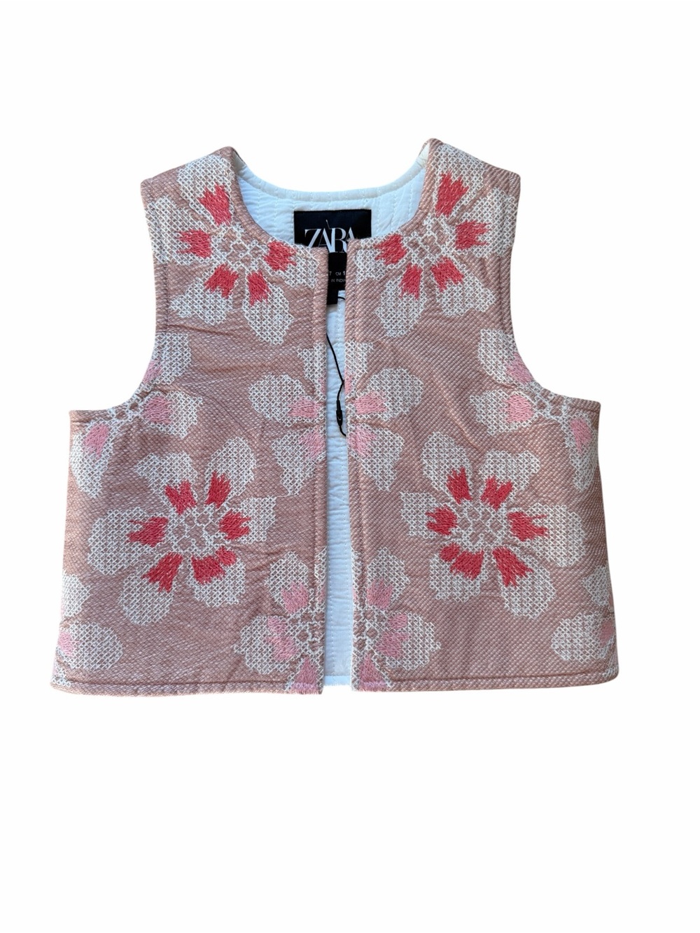 ZARA Pink Floral Jacquard Open Vest